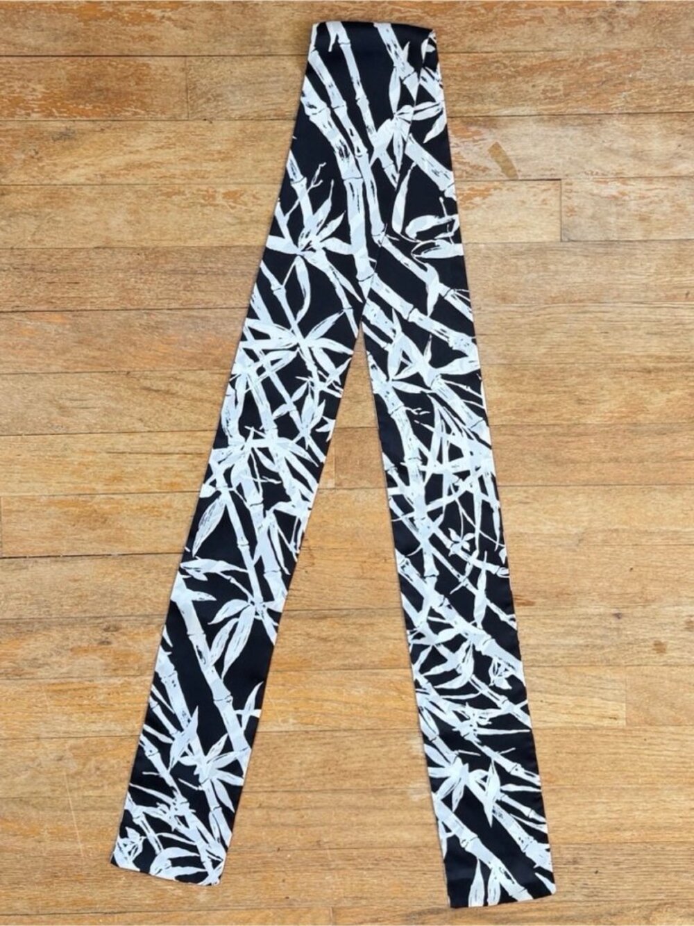 Vintage Bamboo Print Silk Scarf 90s Black/White Oblong Neckscarf